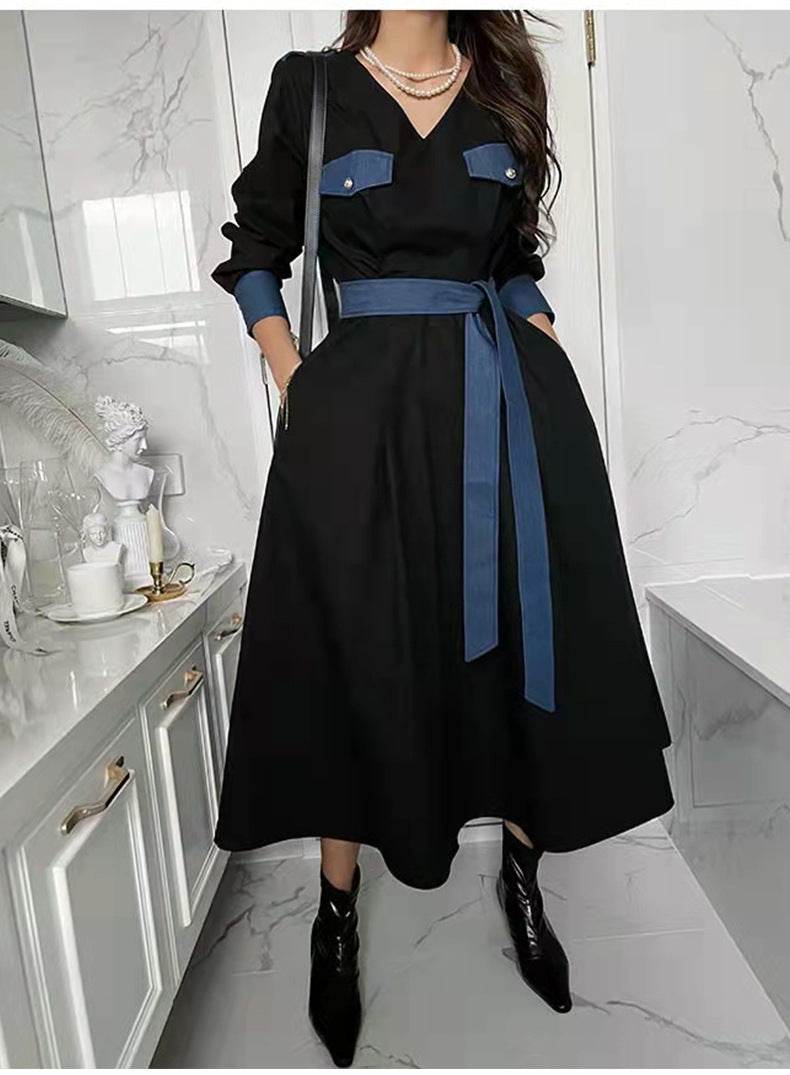 Retro Lace-Up Long-Sleeve V-Neck Midi Dress