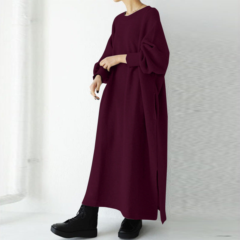 Loose Solid Color Split Long Sleeve Midi Dress
