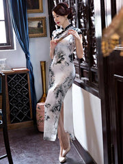 Lacy Ink&Lotus Print Long Cheongsam Dress