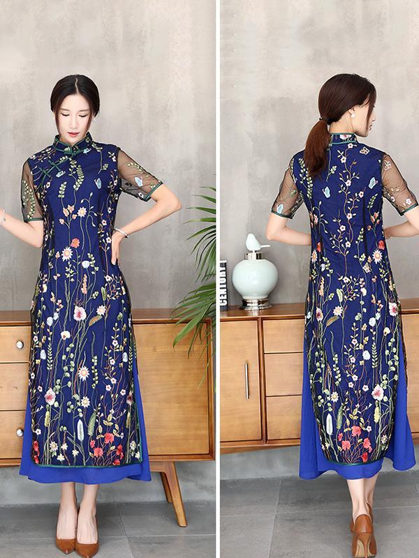 Navy-blue Lace Embroidered Long Cheongsam Ao Dai Dress