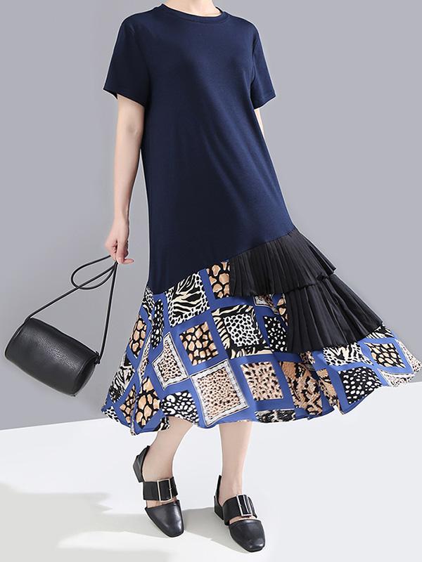 Splicing Cropped Floral Round Neck Dress