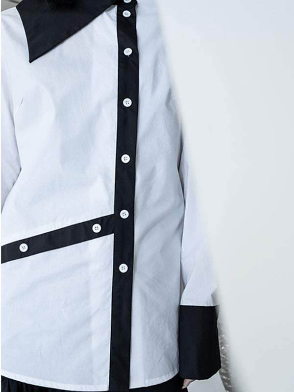 Women Irregular Contrasting Color Large Lapel Collar Casual Shirt