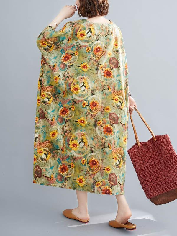 Artistic Retro Floral Round-Neck Dress