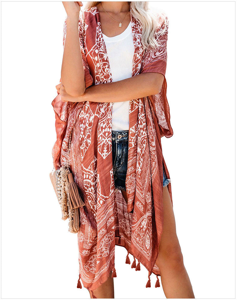 Casual Beach Printed Tassel Cardigan Outwear