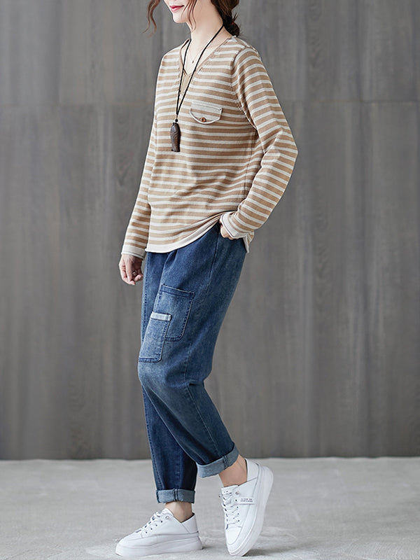 Women V-Neck Casual Striped Knitted Sweater