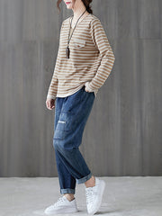 Women V-Neck Casual Striped Knitted Sweater