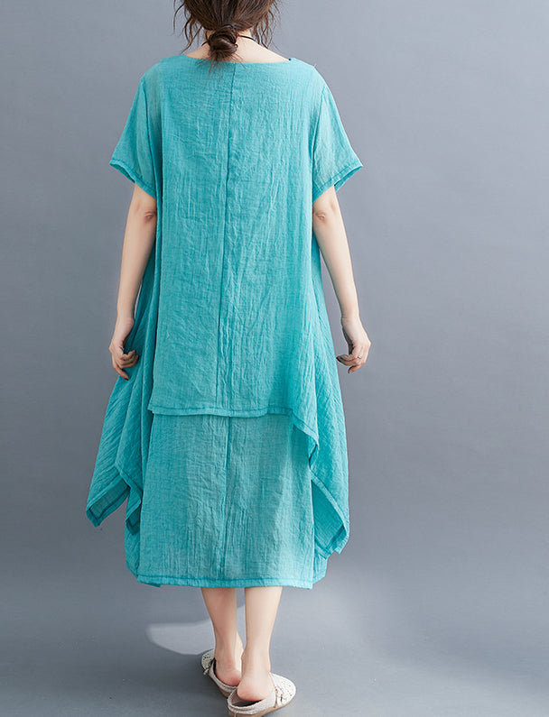 Retro Round Neck Solid Color Irregular Casual Dress