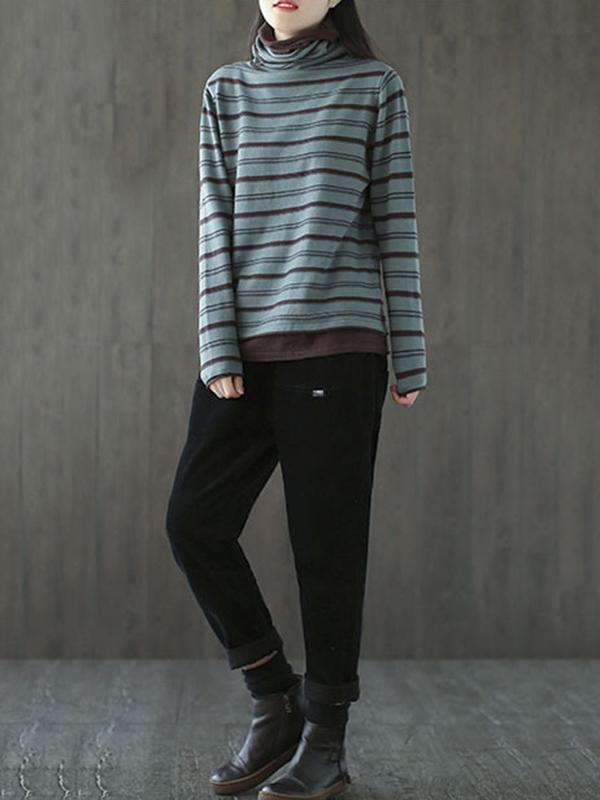 Striped High Neck False Two Knitting Sweater