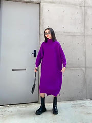 Long Sleeve Loose Sweater Dress With Irregular Splits