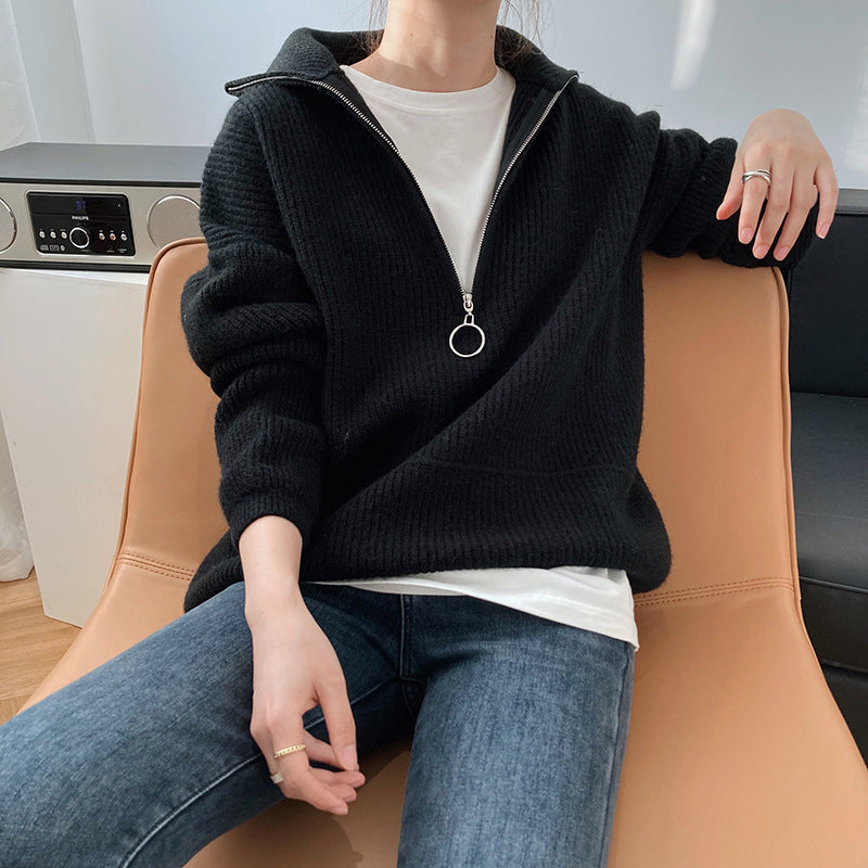 Women High Neck Zipper Pullover Sweater