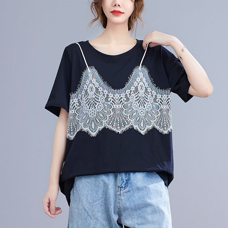 Loose Round Neck False Two T-shirt