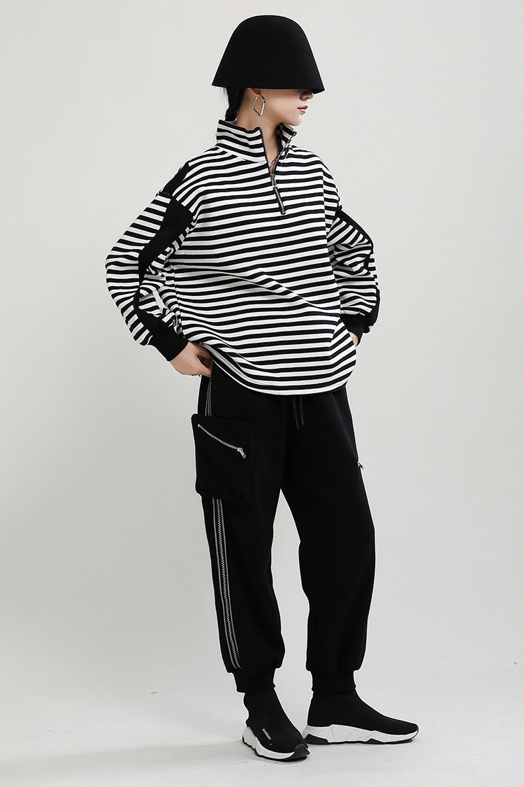 Women Loose Striped Zipper Sweatshirt
