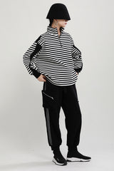 Women Loose Striped Zipper Sweatshirt