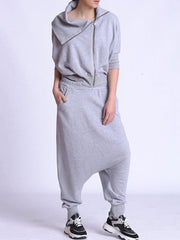 Loose Solid Color Irregular Zipper Half Sleeves Outwear&Elasticity Harem Pants 2 Pieces Set