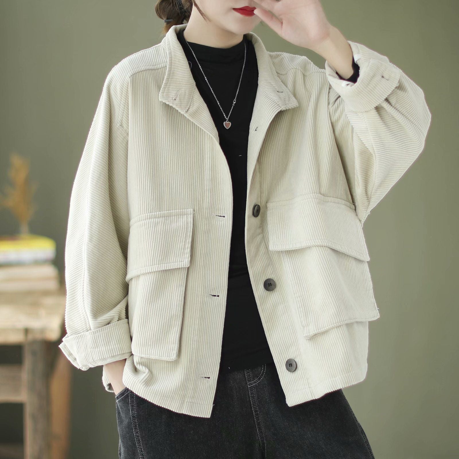 Loose Casual Solid Color Stand Collar Coat