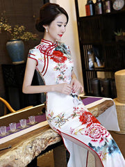 Elegant White Peony Print Long Cheongsam Dress