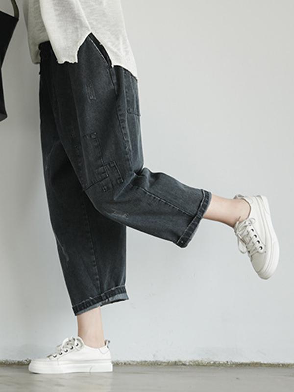 Loose Retro Patches Drawstring Ninth Harem Pants