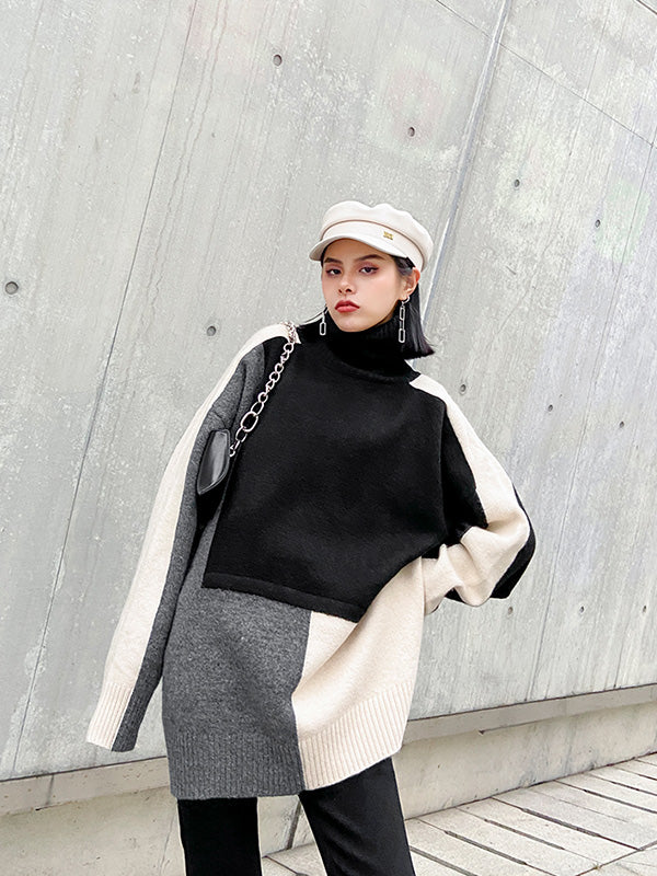 Urban Color-Block Splicing Knitted High-Neck Sweater