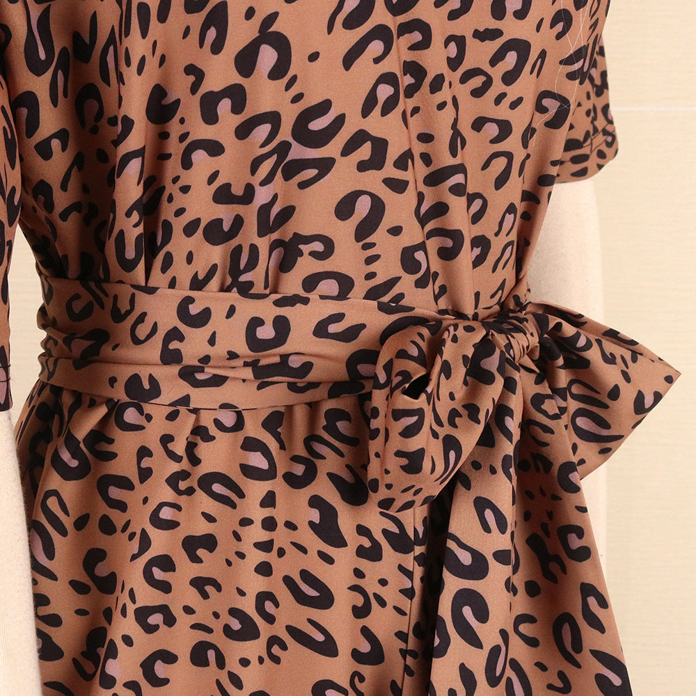 Sexy Off Shoulder Short Sleeve Loose Leopard Print Jumpsuit