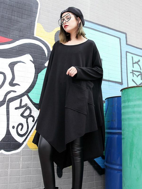 Loose Black Round-neck Asymmetric T-shirt Dress