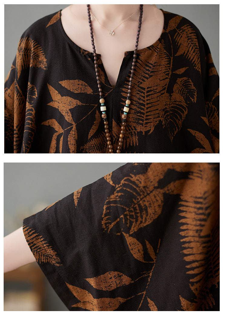 Retro Printed Loose Mid-Length Shirt Top