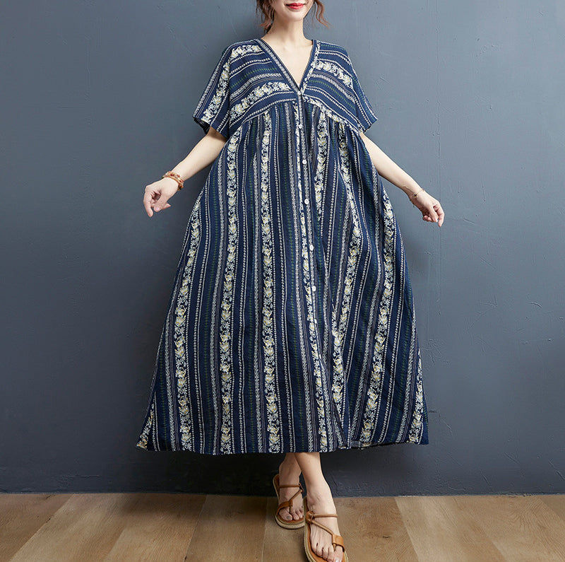 Bohemian Vintage Print V-Neck Dress