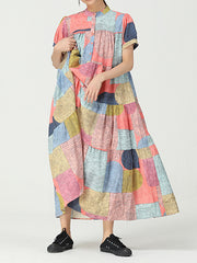 Round Neck Print Stitching Short Sleeve Pullover Dress