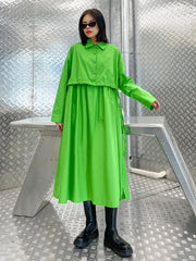 Women Lapel Long Sleeve Solid Color Dress