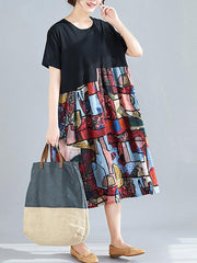 Loose Ramie Cotton Split-joint Floral Printed Midi Dress