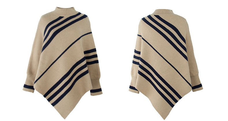 Casual Striped Knitted Round-Neck Shawl Sweater