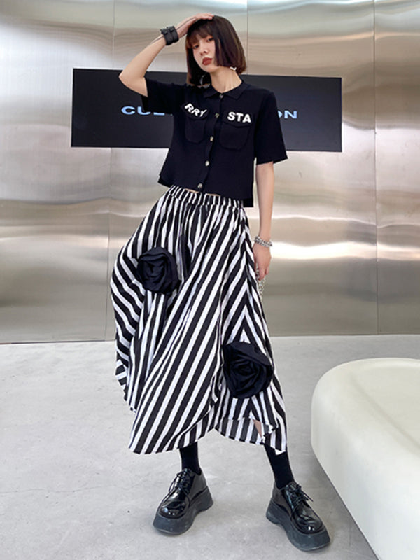 Urban High Waisted Applique Striped Floral Skirts