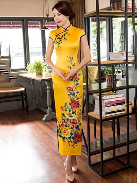 Yellow&Red Side Split Long Cheongsam Dress