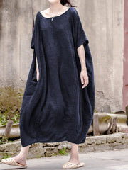 Women Solid Color Round Neck Loose Casual Dress