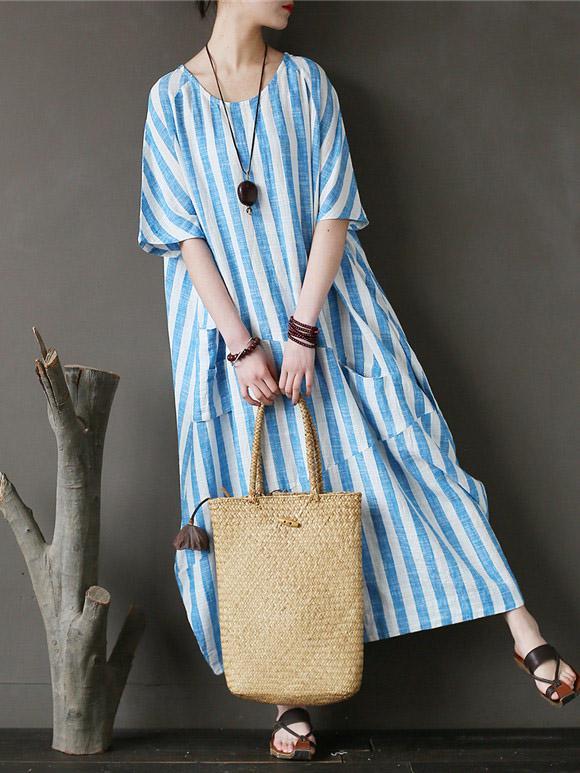 Loose Fresh Striped Printed Long Dress