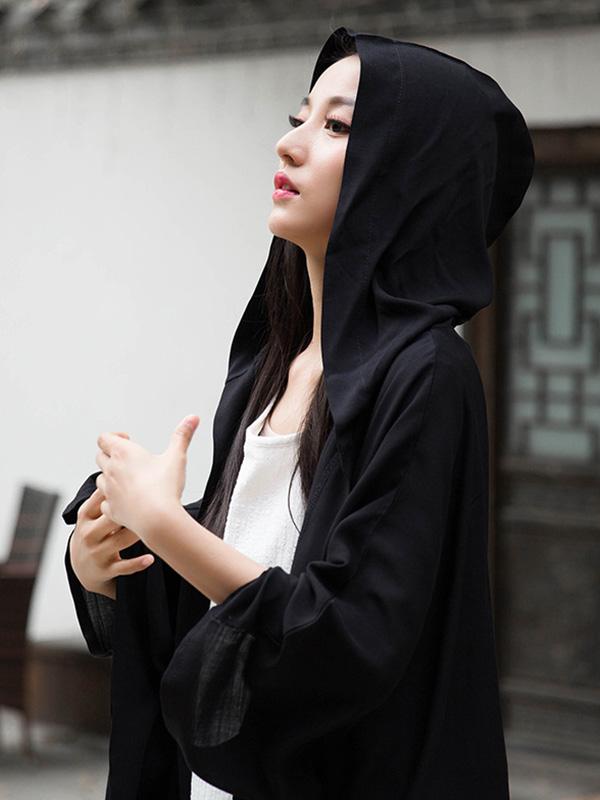 Simple Solid Loose Batwing Sleeve Hood Cape