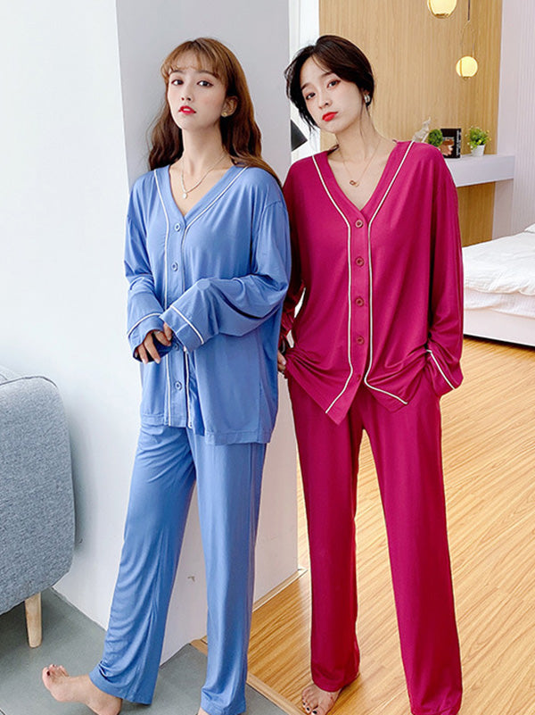 Two Pieces Solid Color Loose Comfort Tops And Pants Pajamas