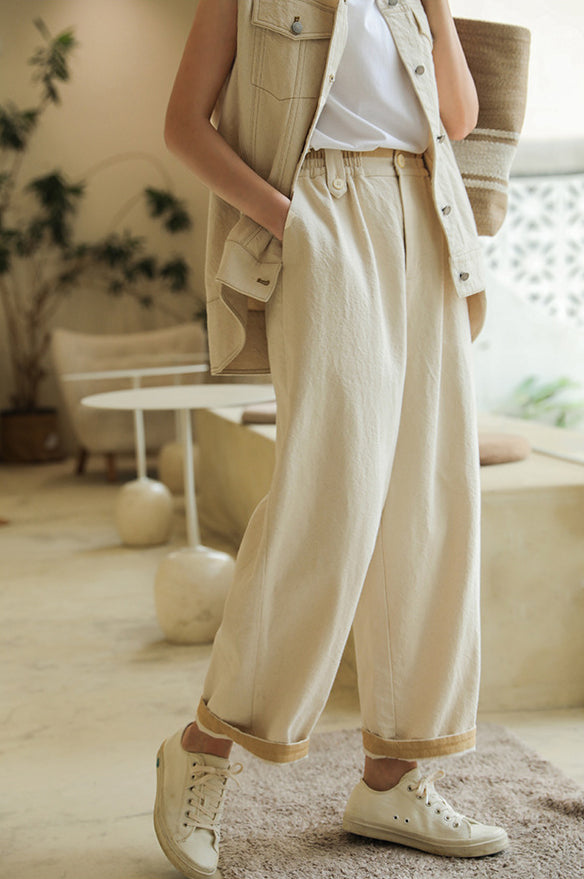 Solid Color All-Match Elastic Waist Denim Harem Pants