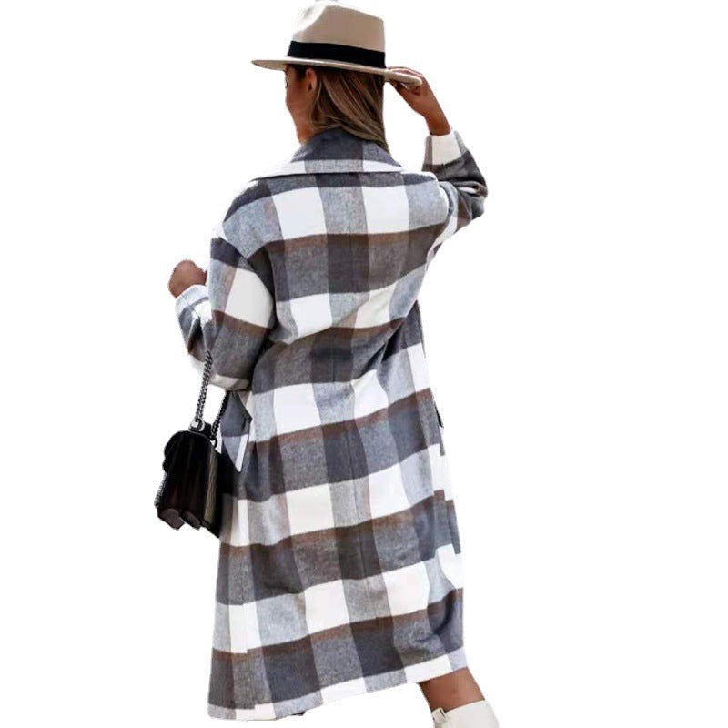 Classic Plaid Lapel Collar Midi Outerwear