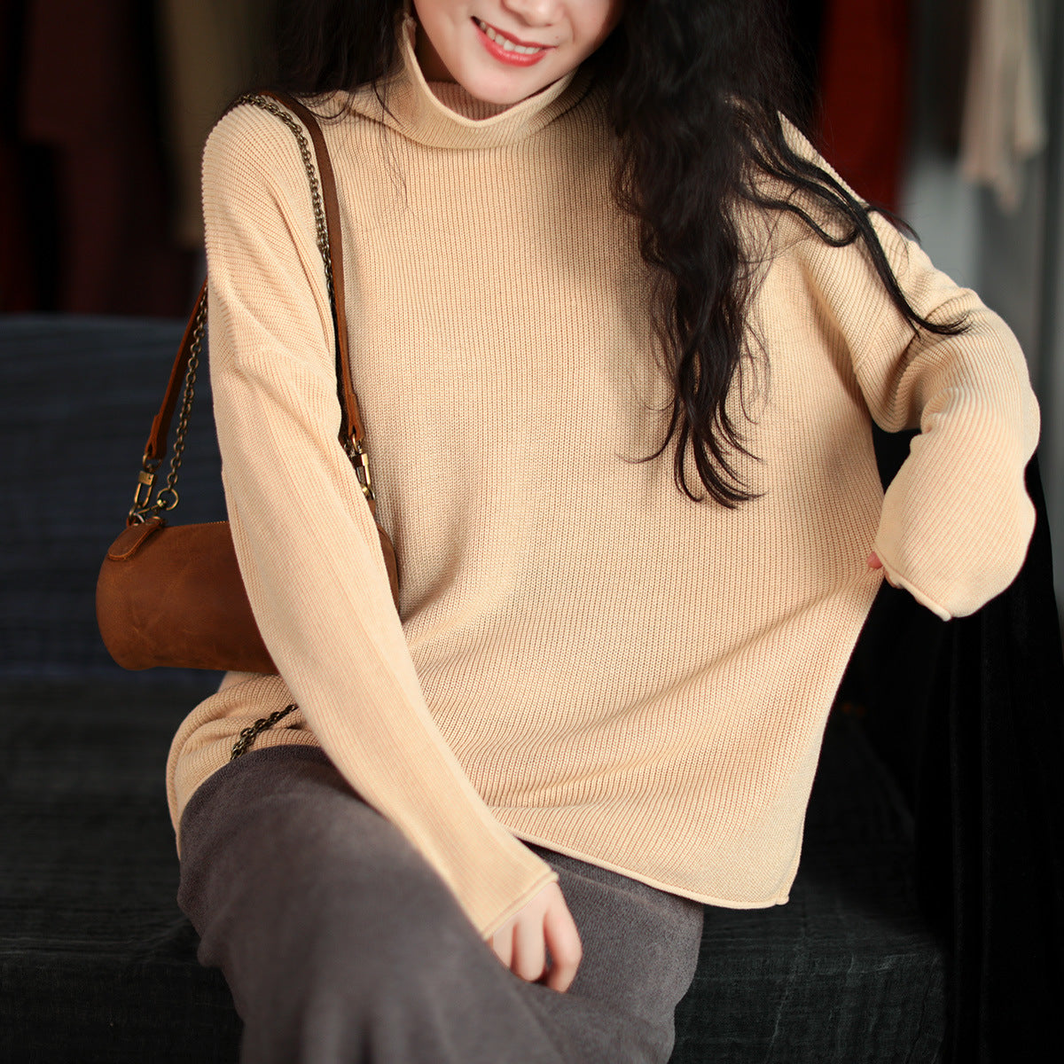 Women Retro Pullover Turtleneck Sweater