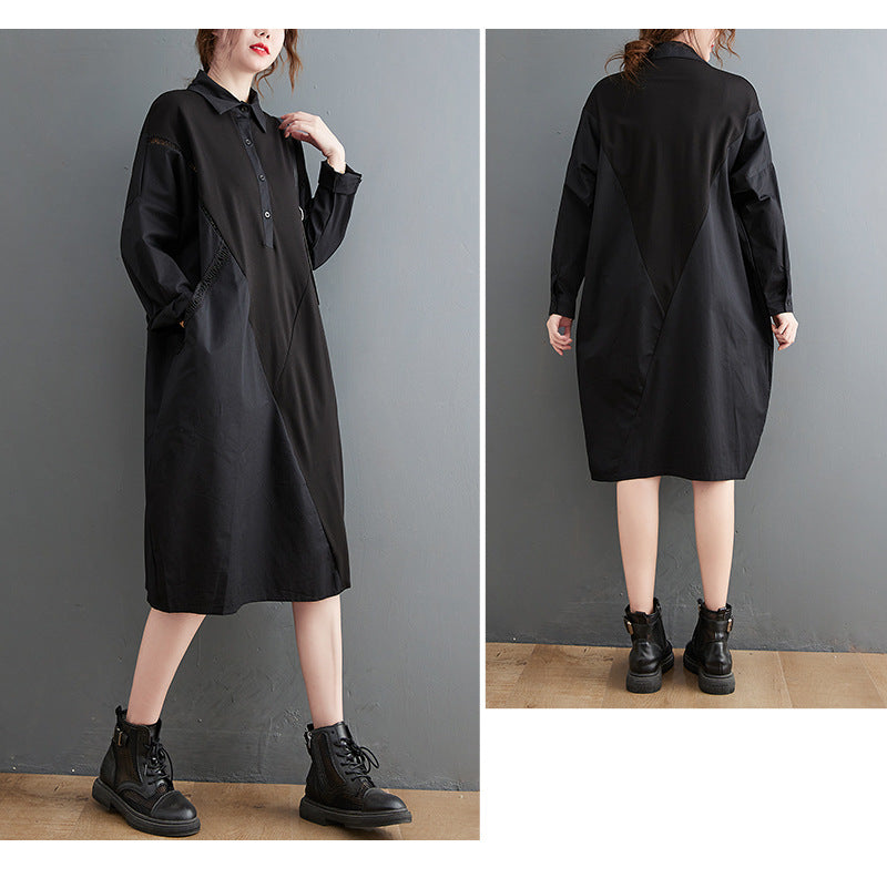 Solid Color Stitching Long-Sleeved Shirt Midi Dress