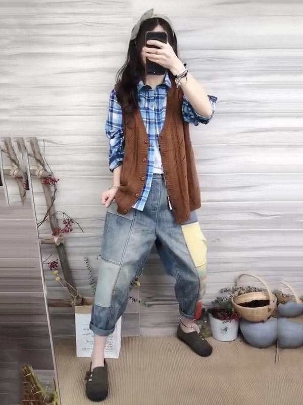 Loose Split-Joint Retro High-Waist Jean Pants