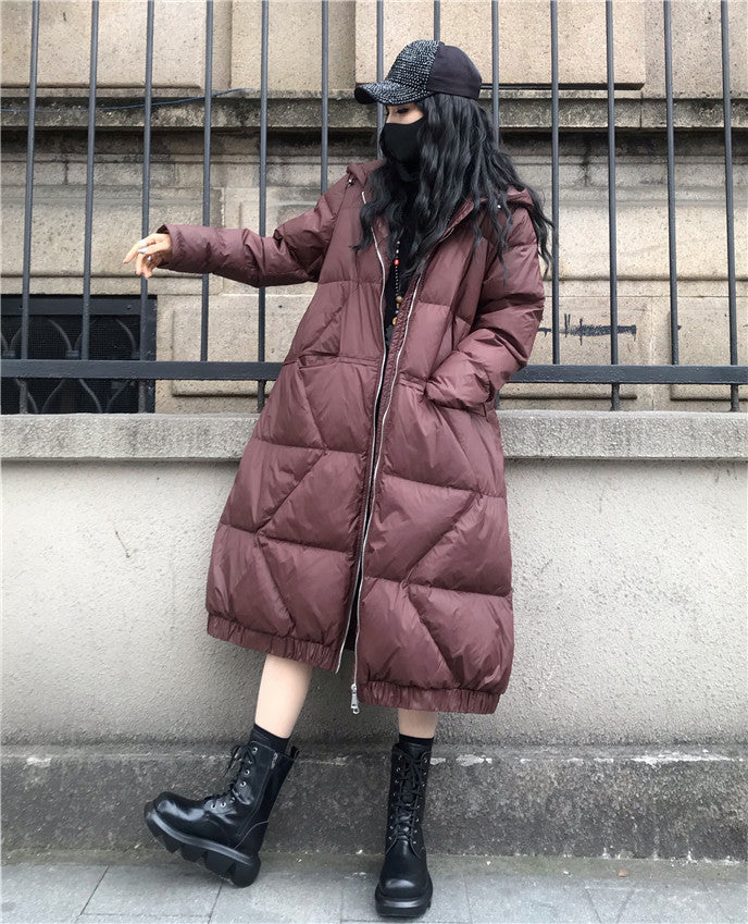 Large Size Loose Mid-Length Thick Hooded Down Coat