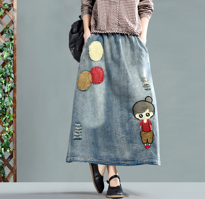 Embroidered Retro A-Line Denim Skirt