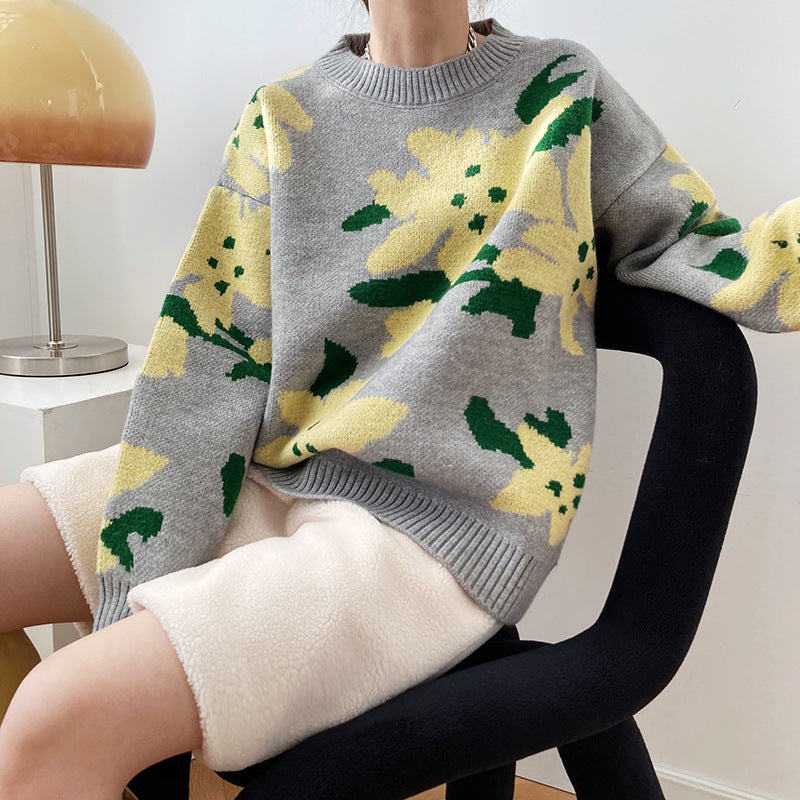 Women Round Neck Printed Casual Sweater