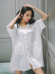 White Loose Short Sleeves Ice Silk Shirt Pajamas