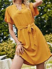 Solid Summer V-neck Short Sleeves Mini Dress