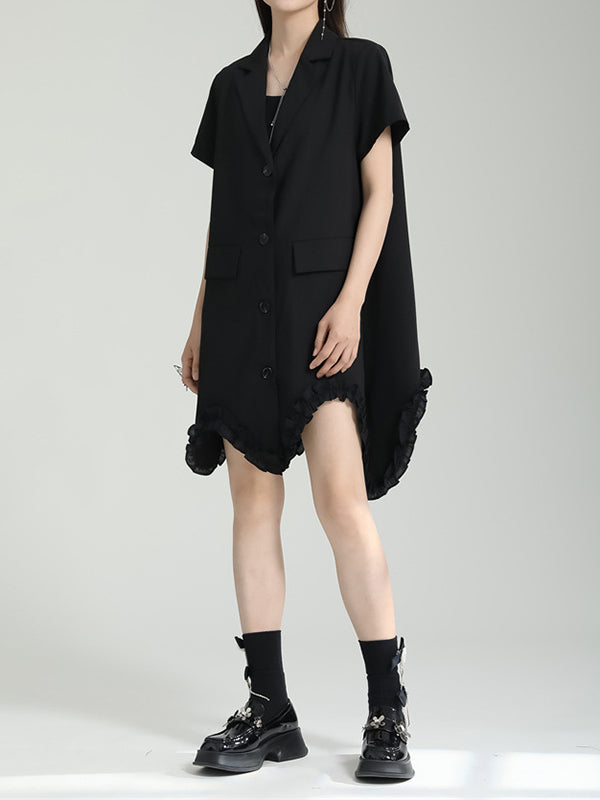 Irregular Clipping Short Sleeves Pure Color Notched Collar Mini Dresses