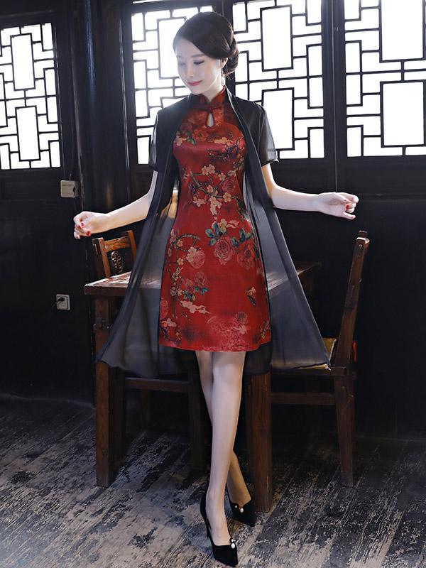 Two Pieces Flower Print Split-side Short Cheongsam