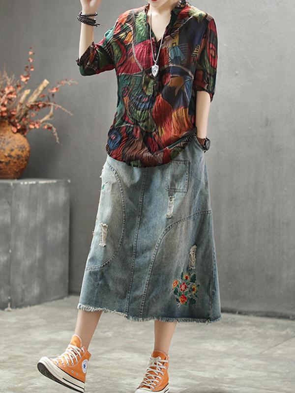 Vintage Floral Three-Quarter Sleeve Stand Collar Shirt