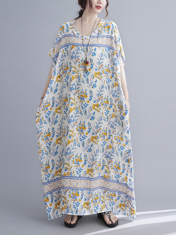 Loose V-Neck Bohemian Print Casual Dress